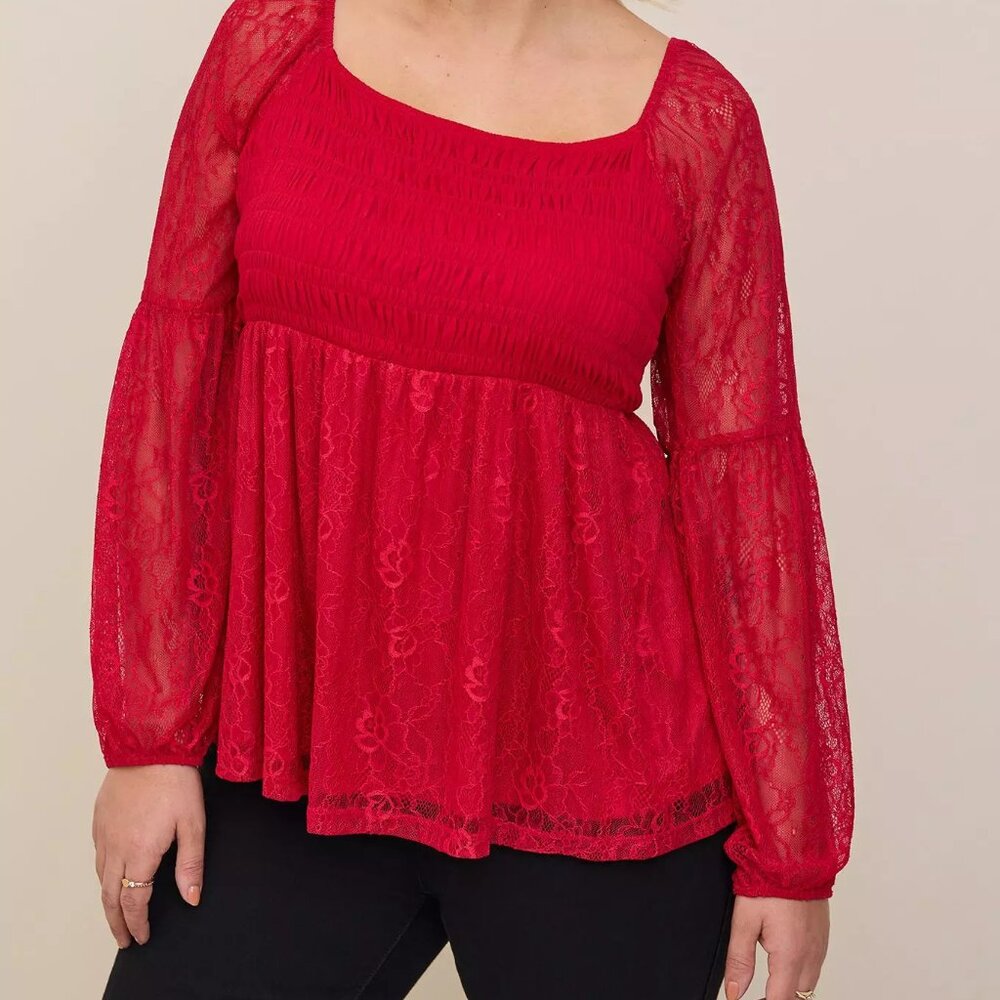 Torrid Red Babydoll Lace Smocked Blouse NWT 1x